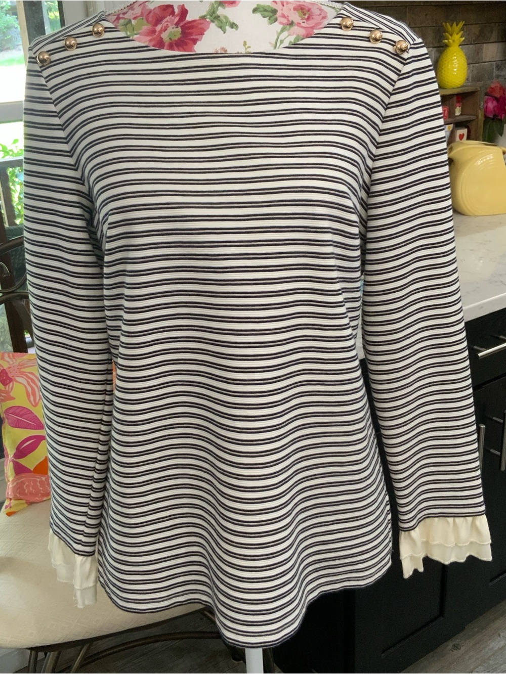 Talbots Knit Top Navy White Stripe Long Sleeve Eyelet Wrists Buttons Medium New